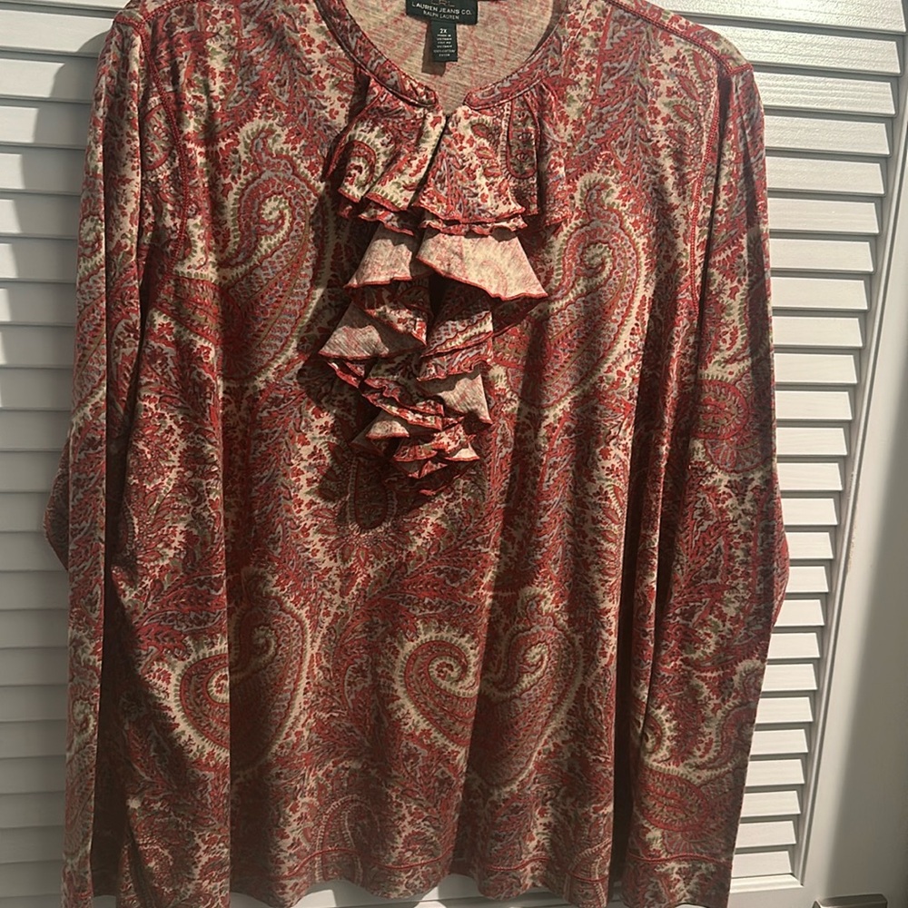LRL Ralph Lauren Jeans Co Ruffles Neck and Front Blouse 100% cotton.